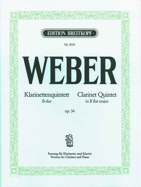 Clarinet Quintet In B Flat Op.34 - Piano Reduction