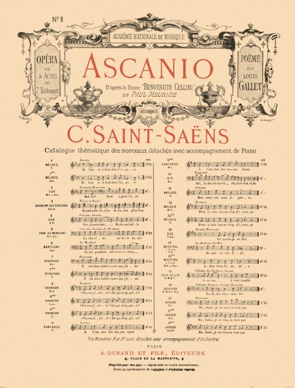 Ascanio Opera en 5 Actes et 7 Tableaux no 8 pour Chant et Piano