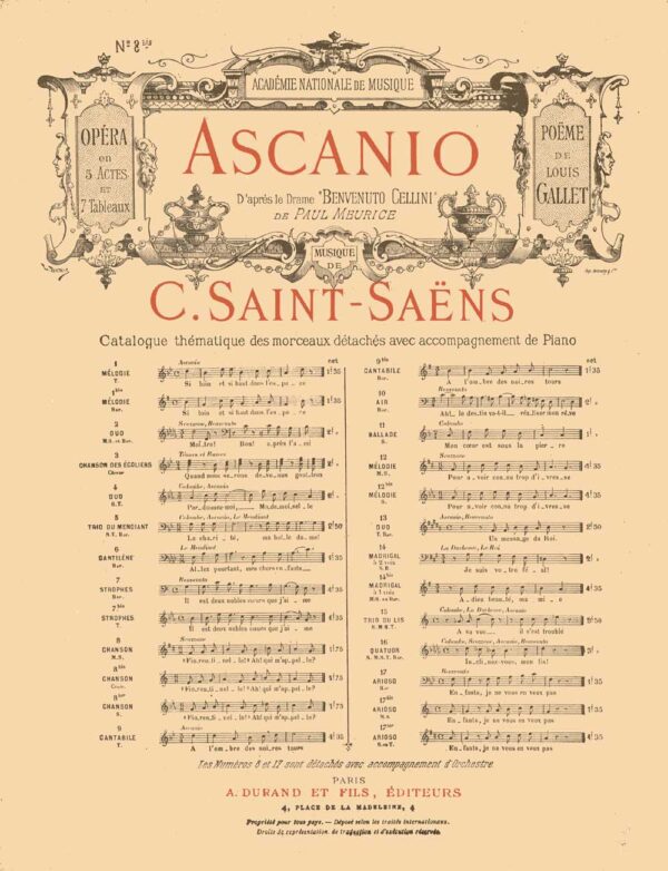 Ascanio Opera en 5 Actes et 7 Tableaux no 8bis pour Chant et Piano