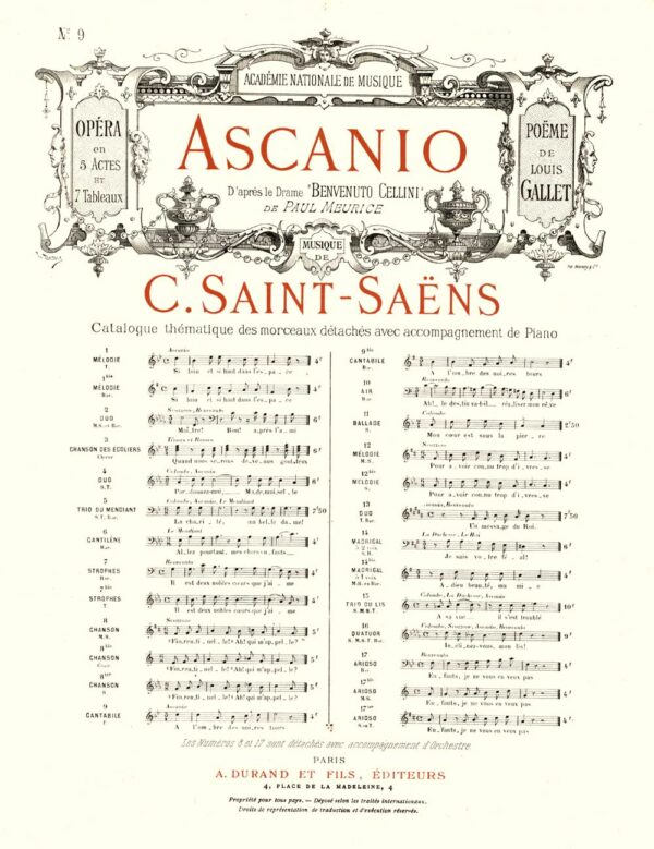 Ascanio Opera en 5 Actes et 7 Tableaux no 9 pour Chant et Piano