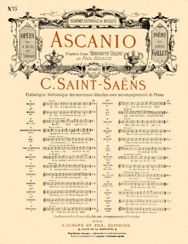 Ascanio Opera en 5 Actes et 7 Tableaux no 13 pour Chant et Piano