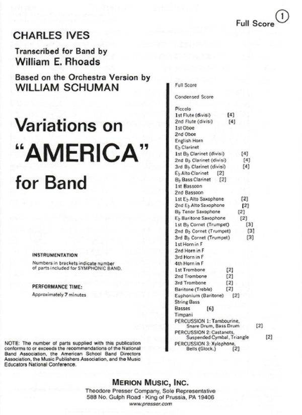 Variations On 'America'-Full Score for Band